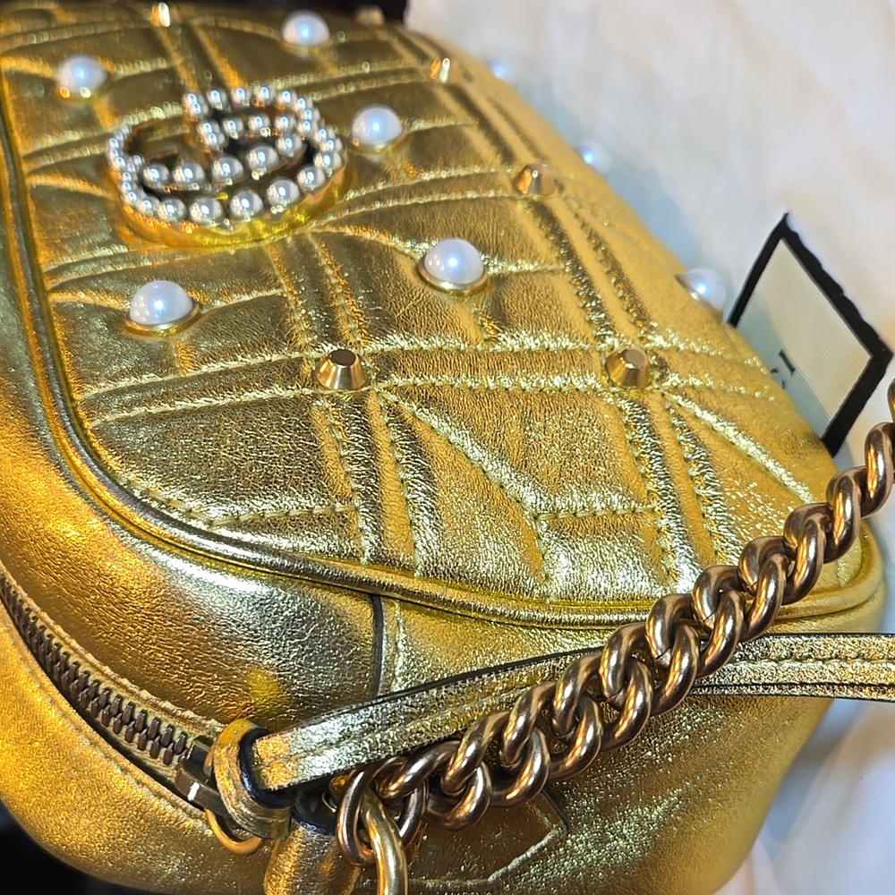 GUCCI Shoulder Bag GG Marmont Leather Faux Pearl Gold 447632  - COA Included - Picture 13 of 16